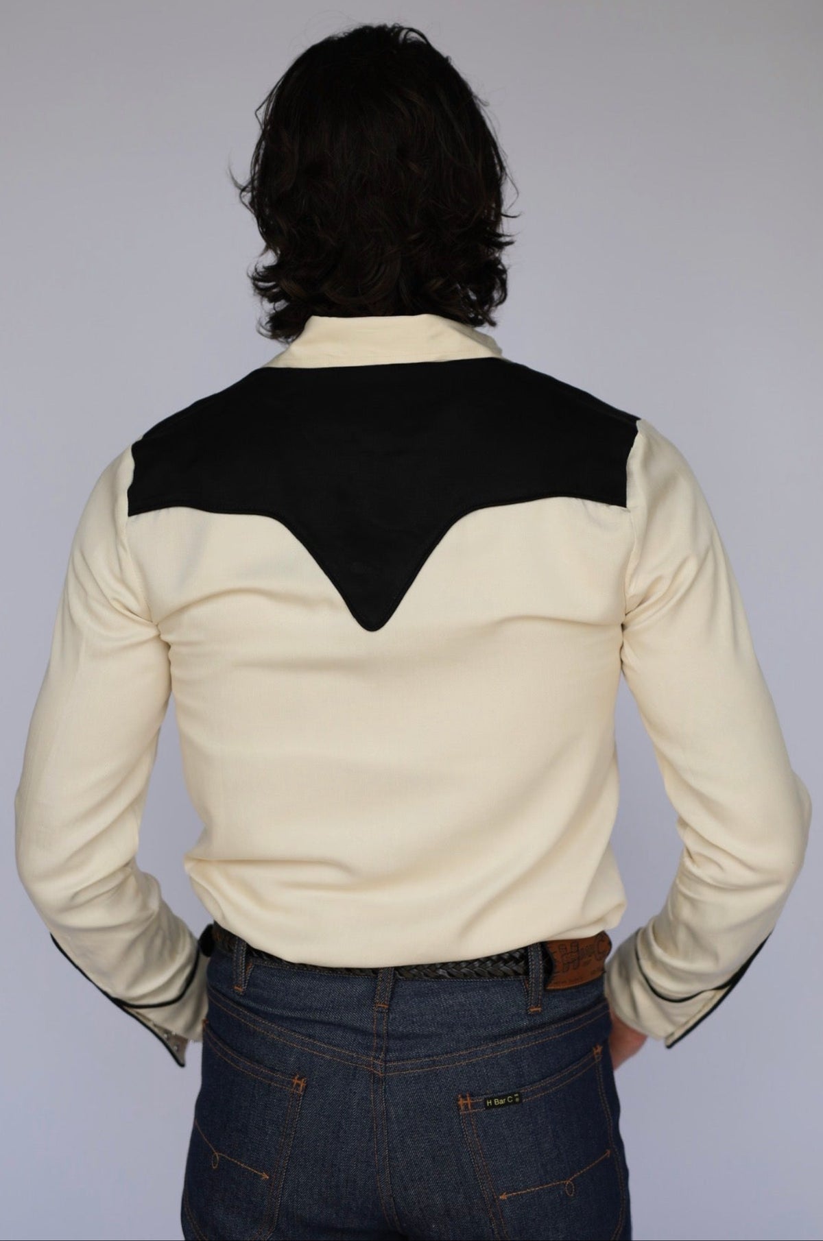 Back view of the H Bar C San Juan off-white Tencel shirt with contrasting black back yoke.