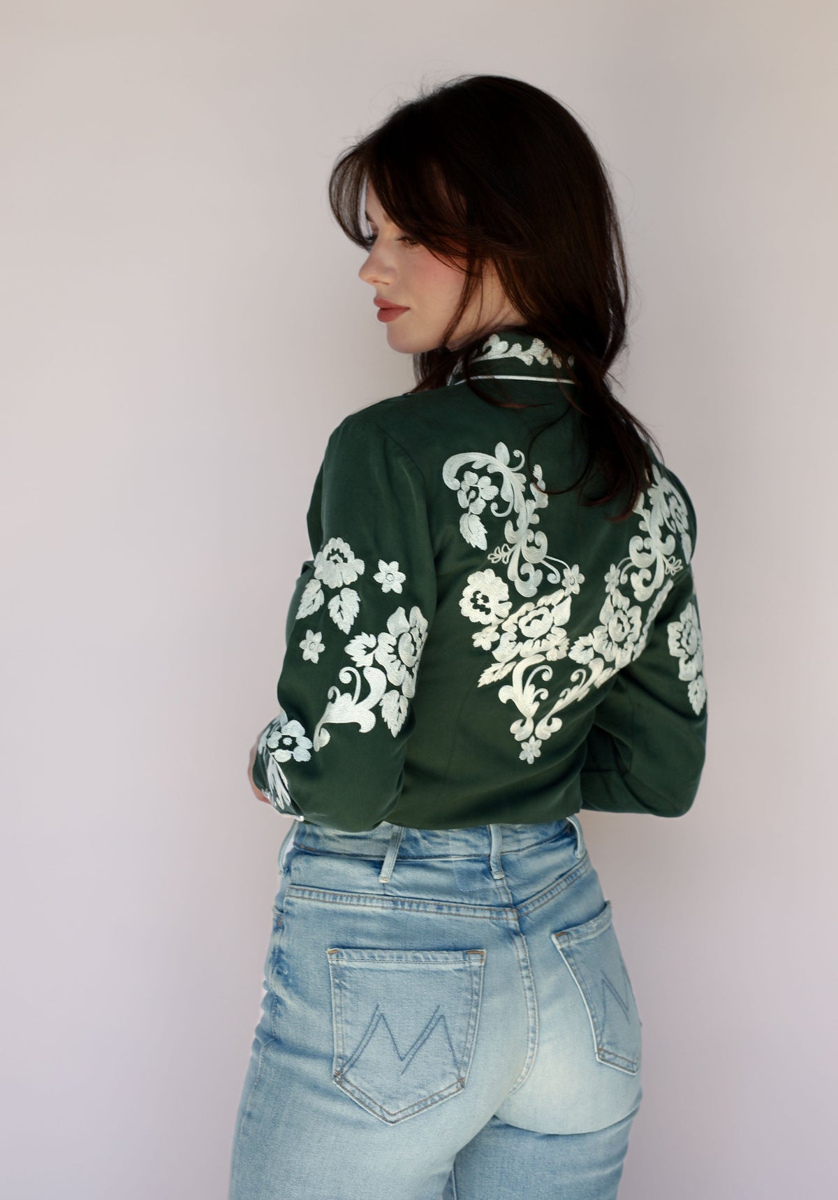 Back view of the H Bar C Fort Worth women's green embroidered western shirt.