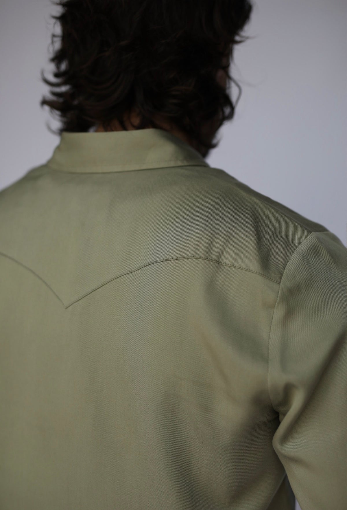 Back yoke detail of the H Bar C Denver sage green Tencel western shirt.