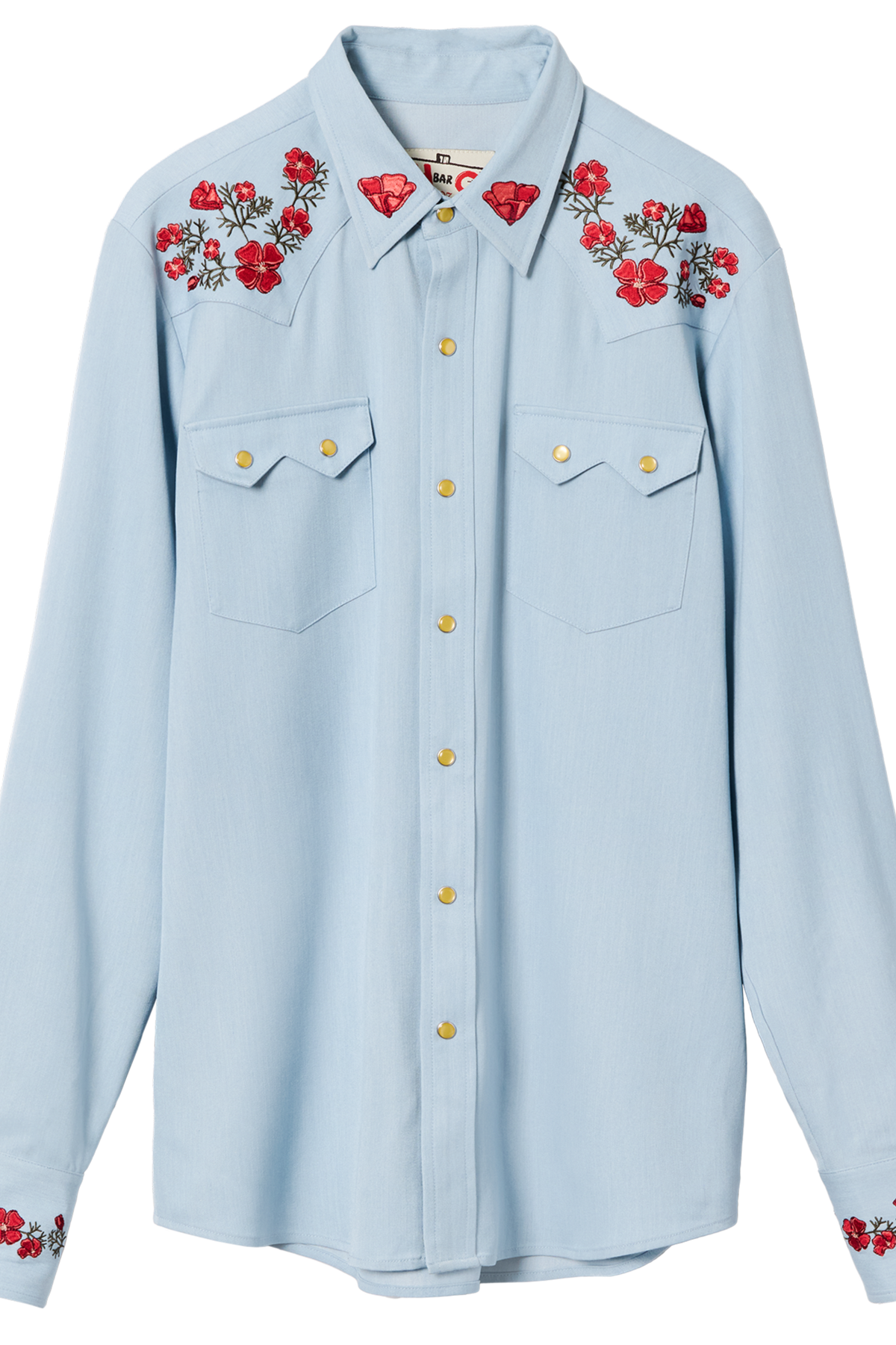 Flat lay front of the HBarC x Gibson Dove chambray pearl snap shirt with sawtooth pockets and red poppy embroidery on yokes and cuffs.