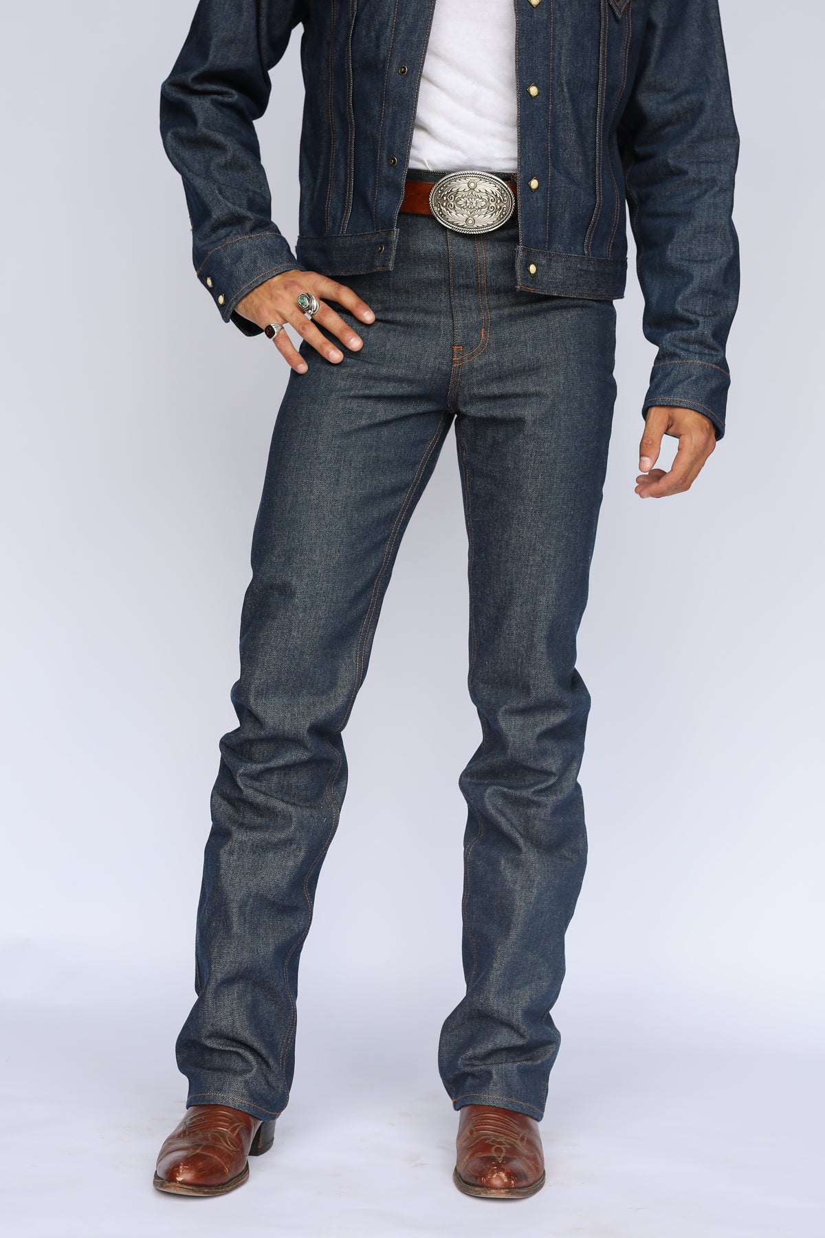 Front view of the H Bar C Salina indigo jeans and matching trucker jacket.