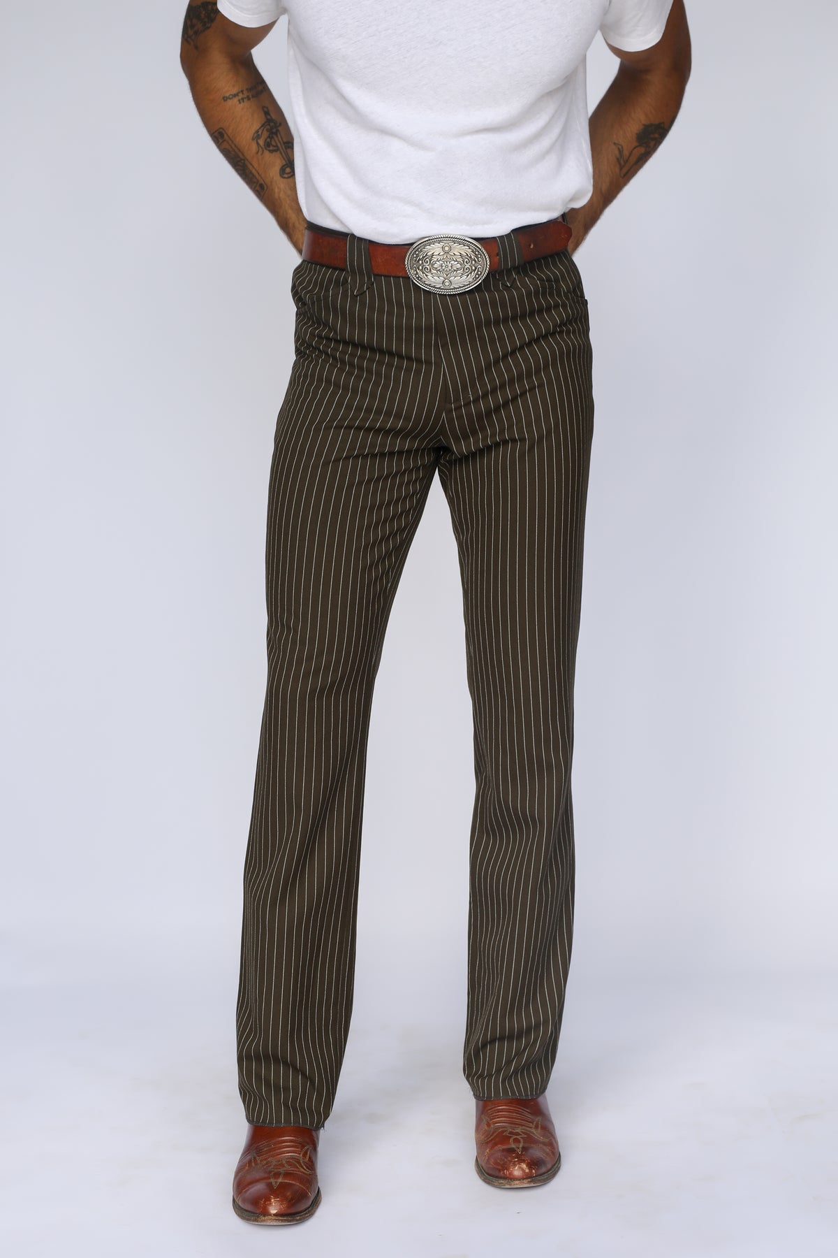 Front view of the H Bar C Bakersfield western pants in brown pinstripe, a stretch dress pant with a classic western cut.