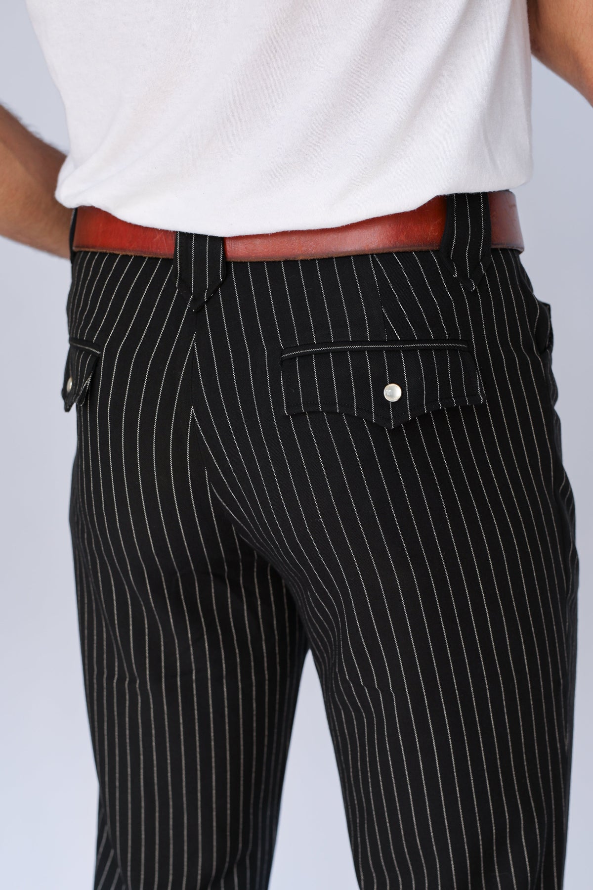 Back pocket close-up of the H Bar C Bakersfield black pin stripe western pants.