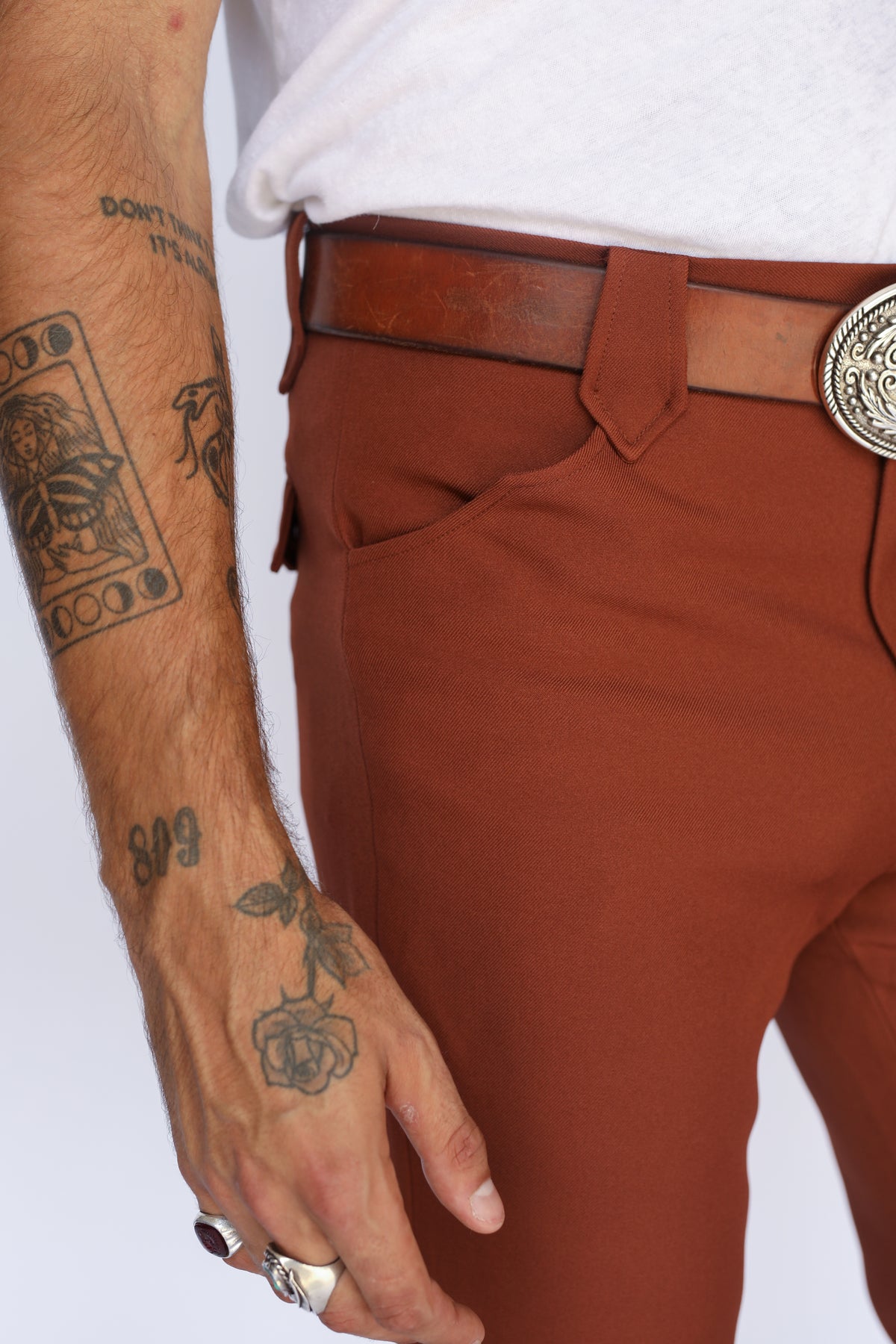 Front pocket and western belt detail on the H Bar C Franklin brown pants.