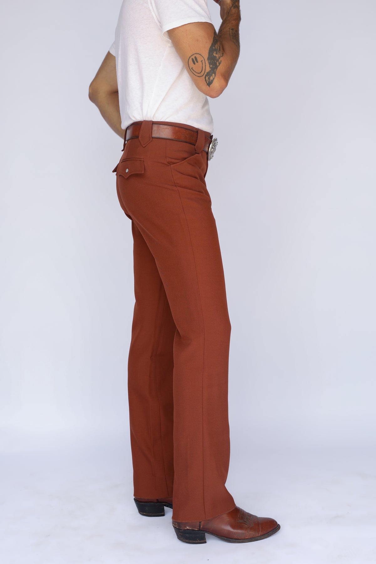 Side view of the H Bar C Franklin brown western pants.