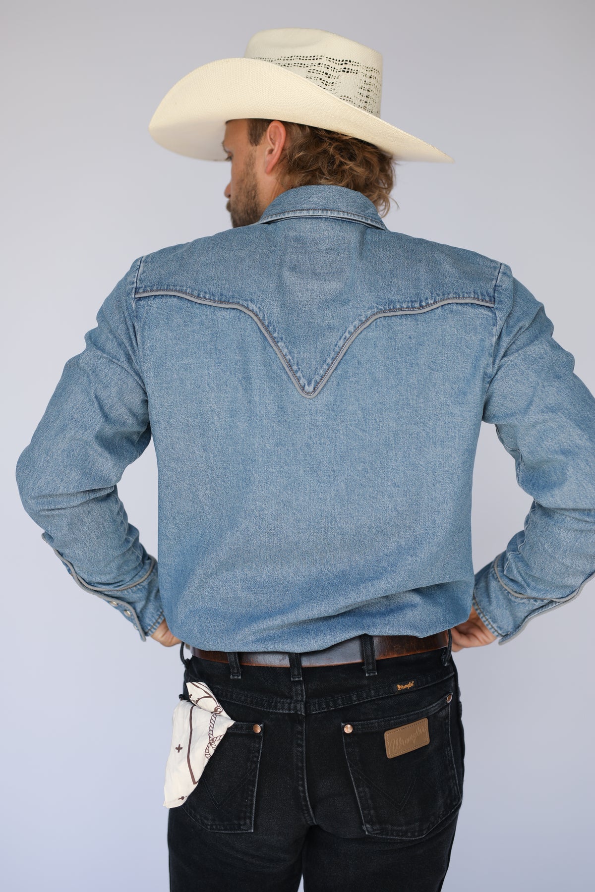 Back view of the H Bar C San Fernando men's denim shirt showing the stitched western back yoke.