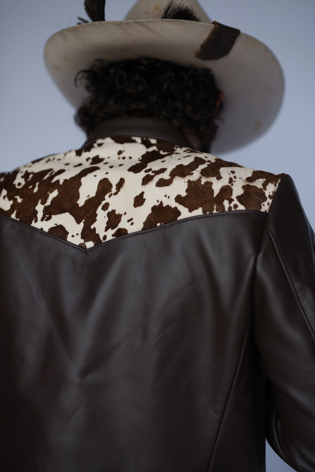 Back shoulder close-up of the cowhide yoke on the H Bar C Cody leather jacket.