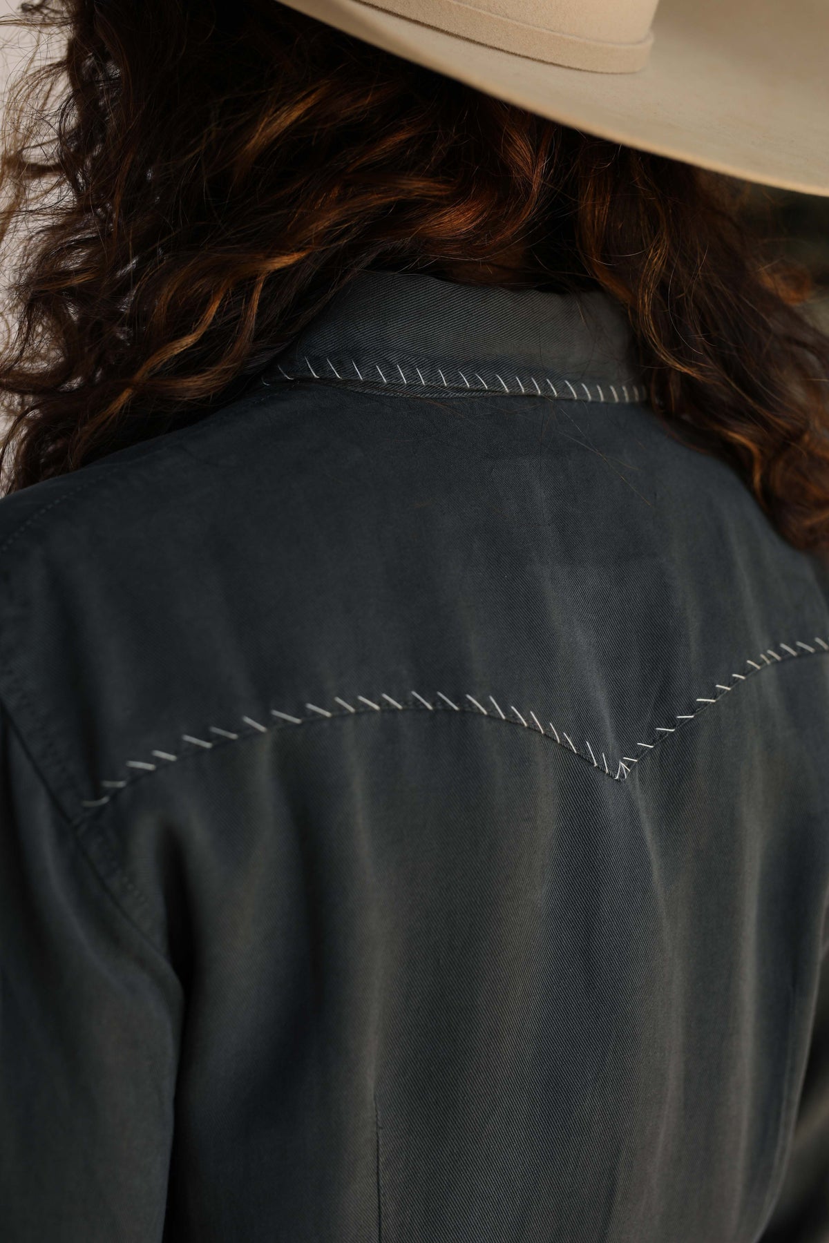 Back yoke close-up of the H Bar C Brooklyn charcoal women's shirt with white stitching.