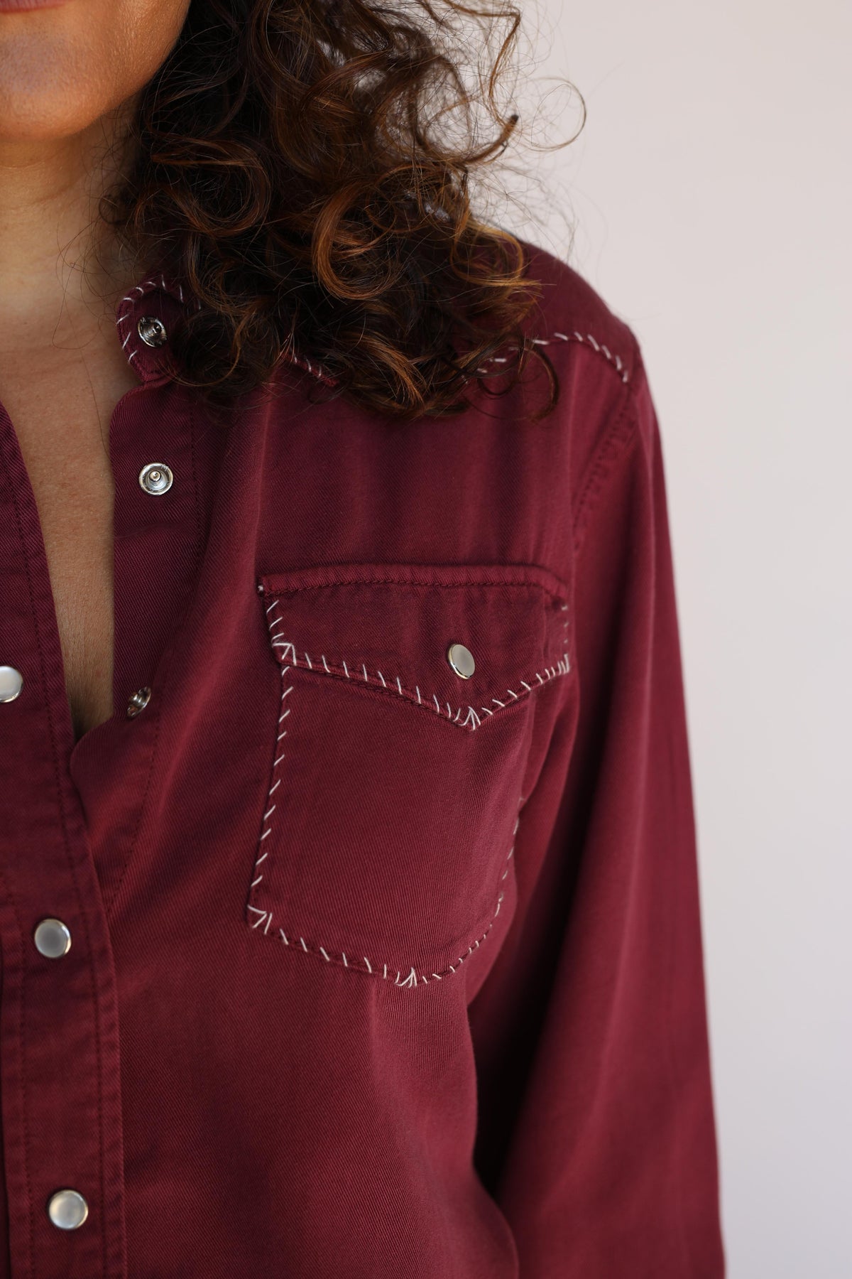 Pocket detail with contrast stitching on the H Bar C Brooklyn women's wine western shirt.