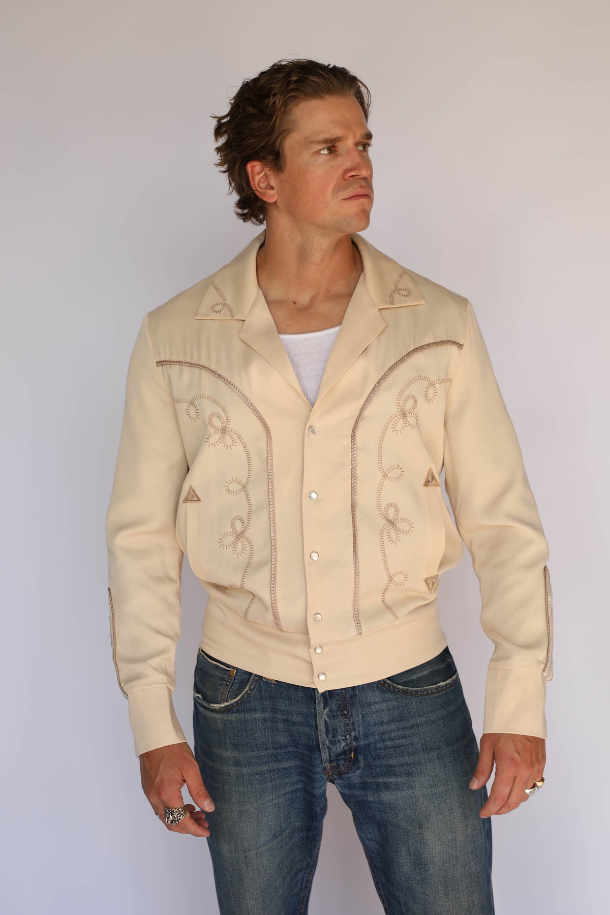 Front view of the H Bar C Bolero beige jacket, the 1936 Bob Wills design in a cream colorway.