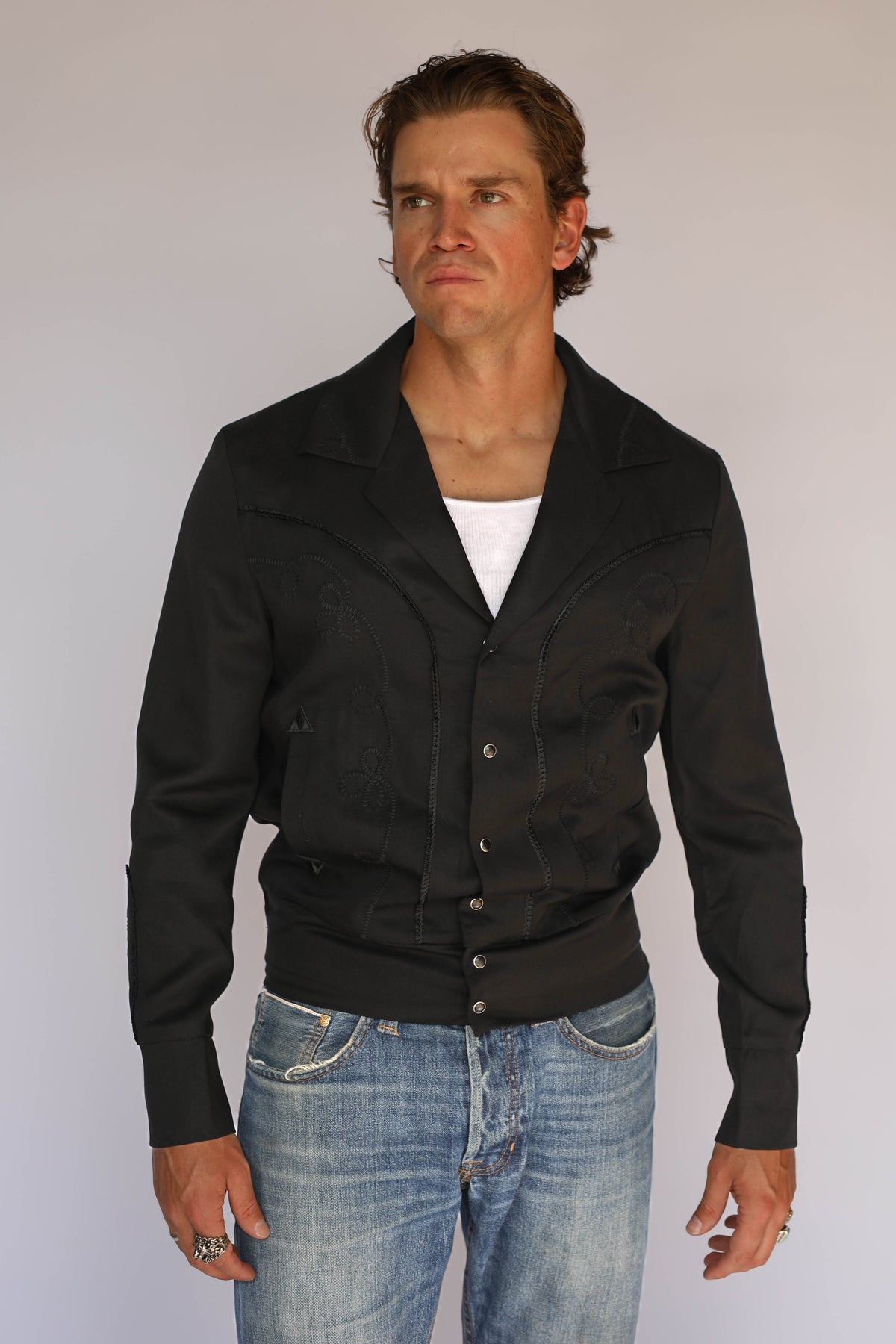 Front view of the H Bar C Bolero black on black western jacket, the 1936 Bob Wills design in an all-black colorway.