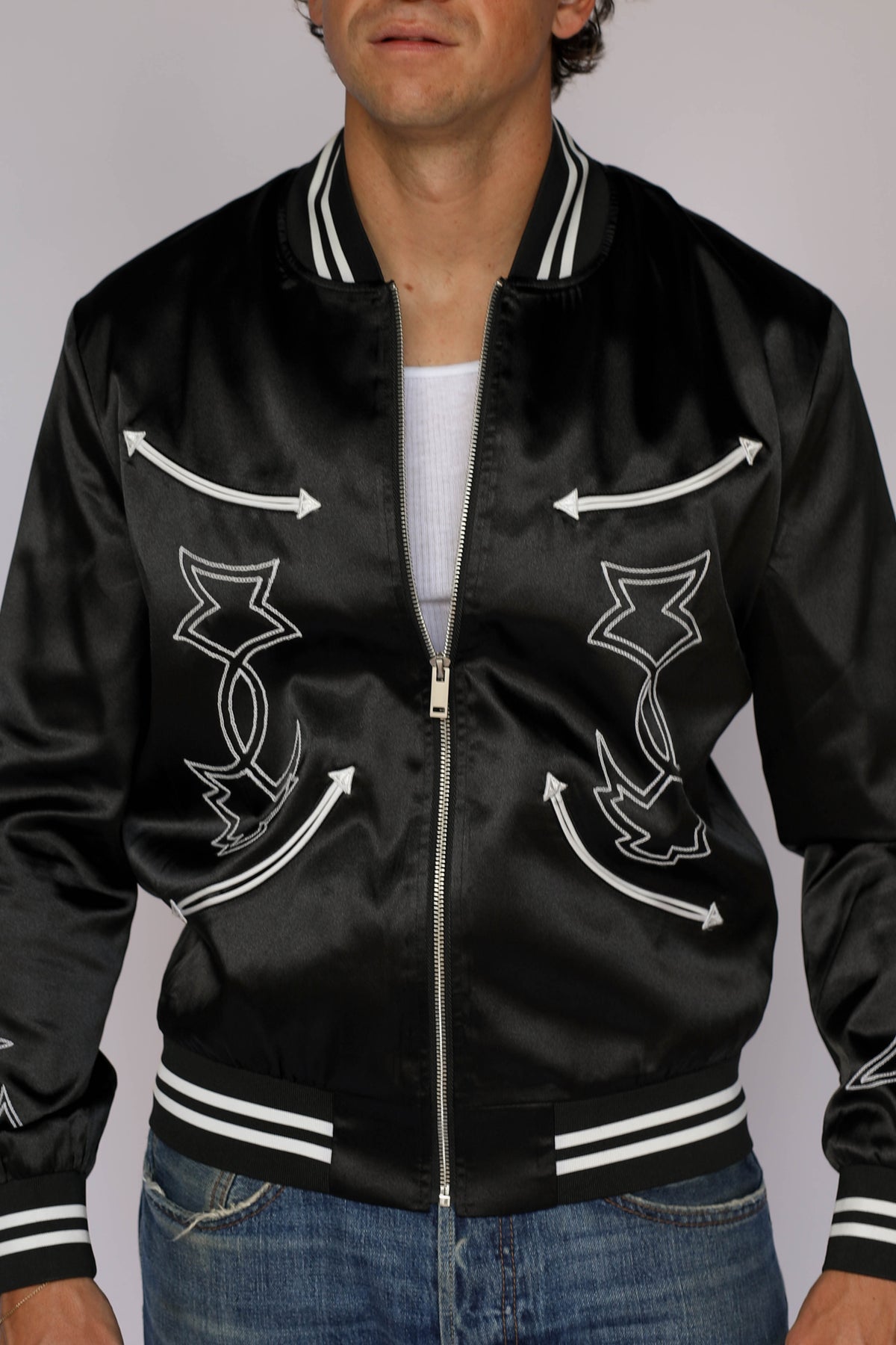 Close-up front of the H Bar C Odessa black satin tour jacket, vintage western wear with white chain stitch embroidery and striped ribbed collar.