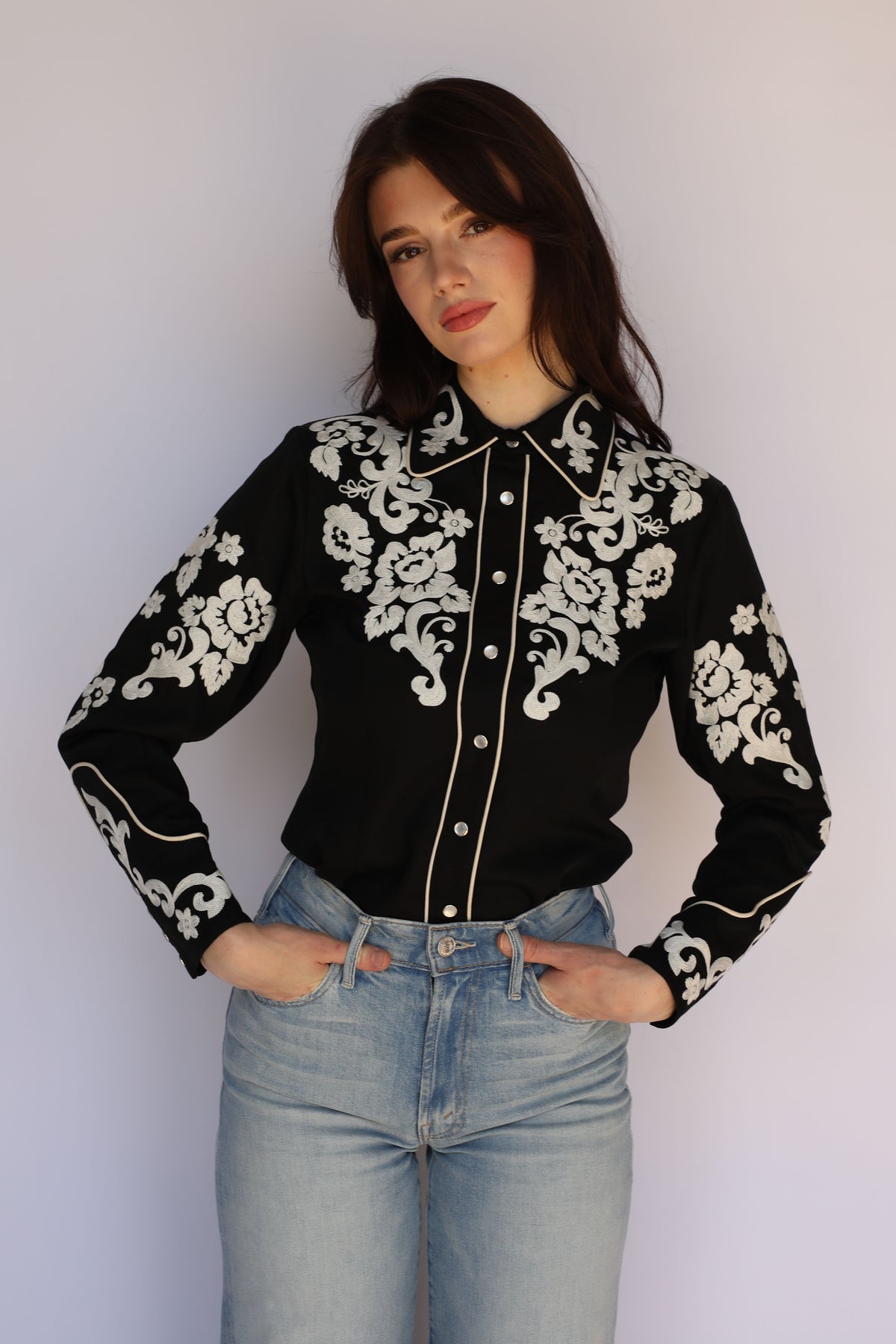 H Bar C Fort Worth women's black shirt with ivory floral yoke embroidery tucked into jeans, vintage western wear.