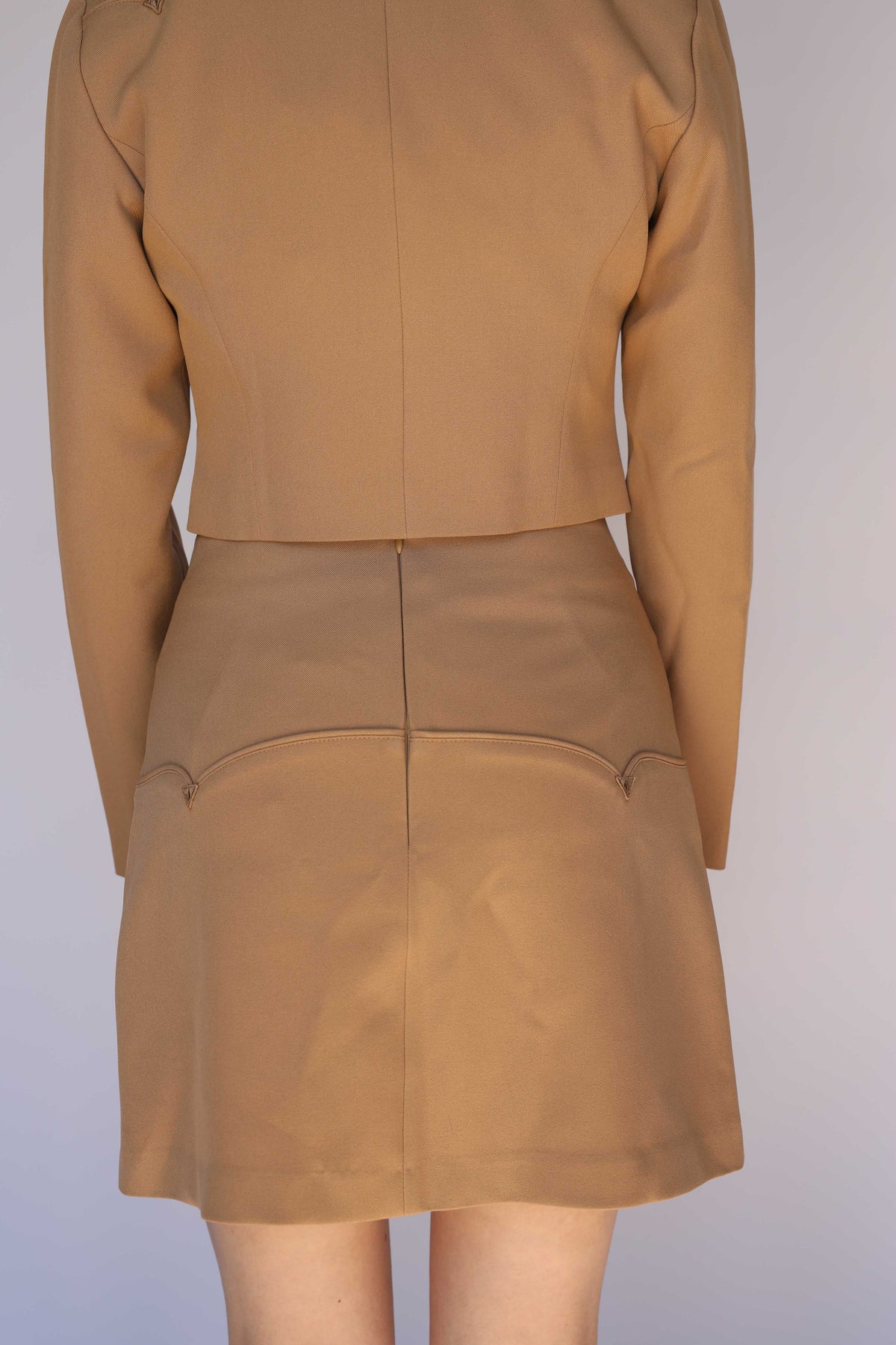 H Bar C Raleigh tan western skirt with piped yoke and matching belt, vintage inspired western wear for women.