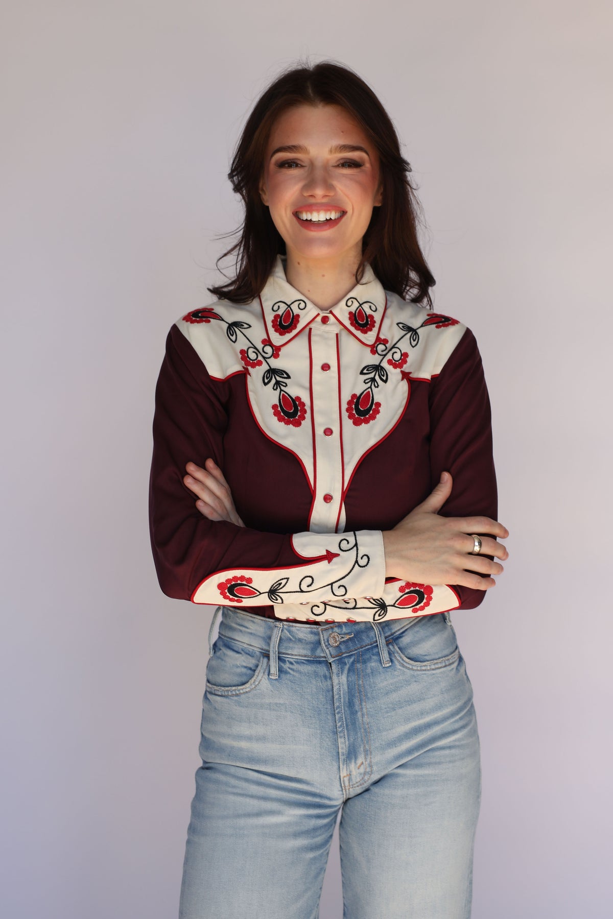 Front view of the H Bar C San Jose burgundy and cream two-tone western shirt, vintage western wear for women.