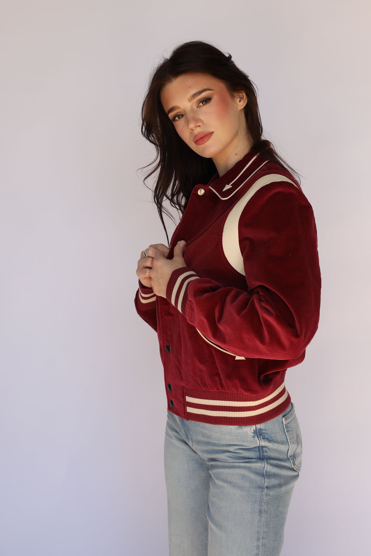 Three-quarter view of the H Bar C Silver Lake maroon corduroy western jacket styled for women.