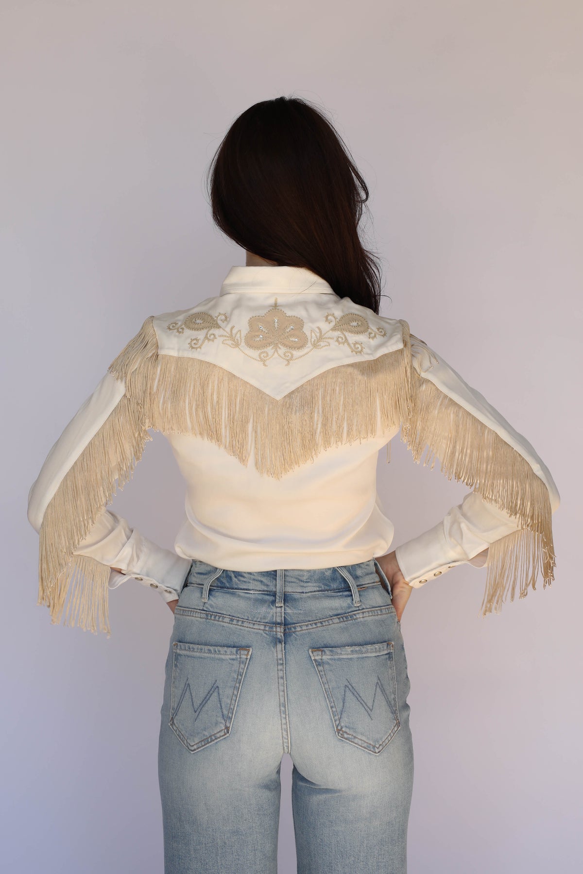 H Bar C Taos women's white fringe western shirt, vintage western wear.