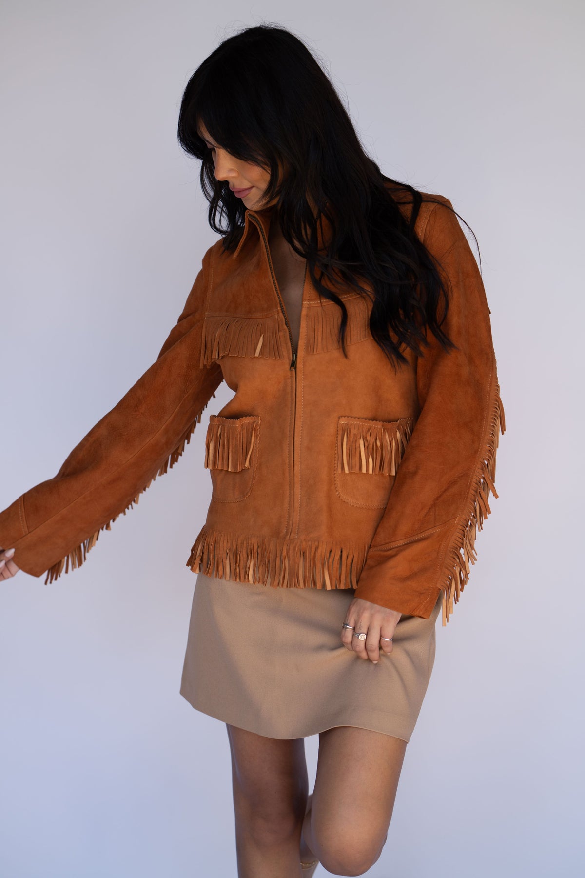 Model in the H Bar C Omaha suede fringe western jacket, a 1950s H Bar C buckskin reproduction.