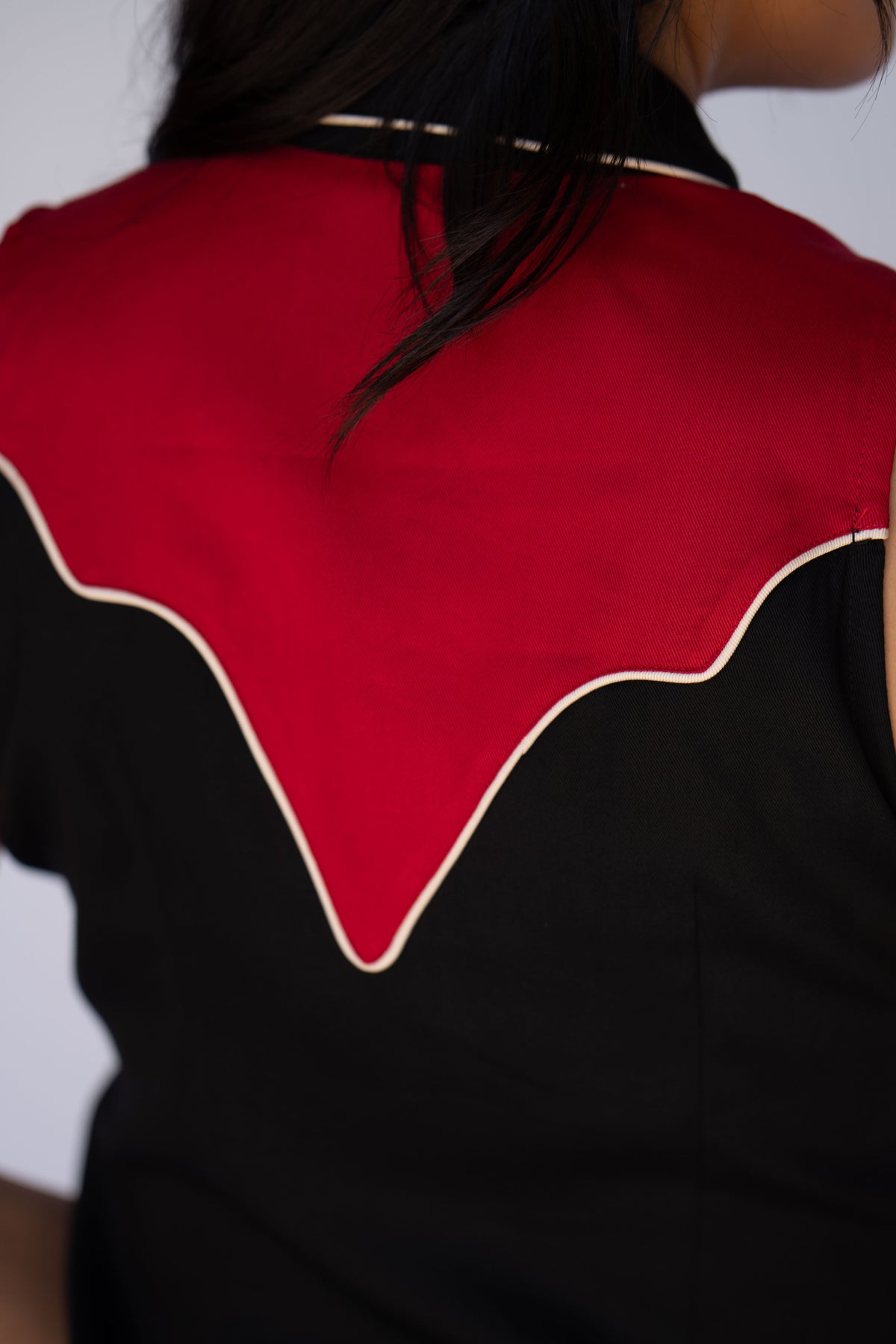 Back yoke close-up of the H Bar C Atlanta shirt in black with red yoke outlined in cream piping.