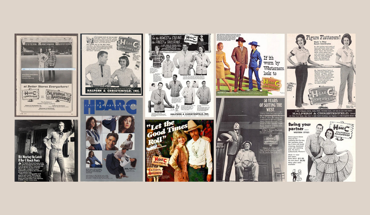 Collection of vintage-style advertisements featuring people in formal attire on a beige background.