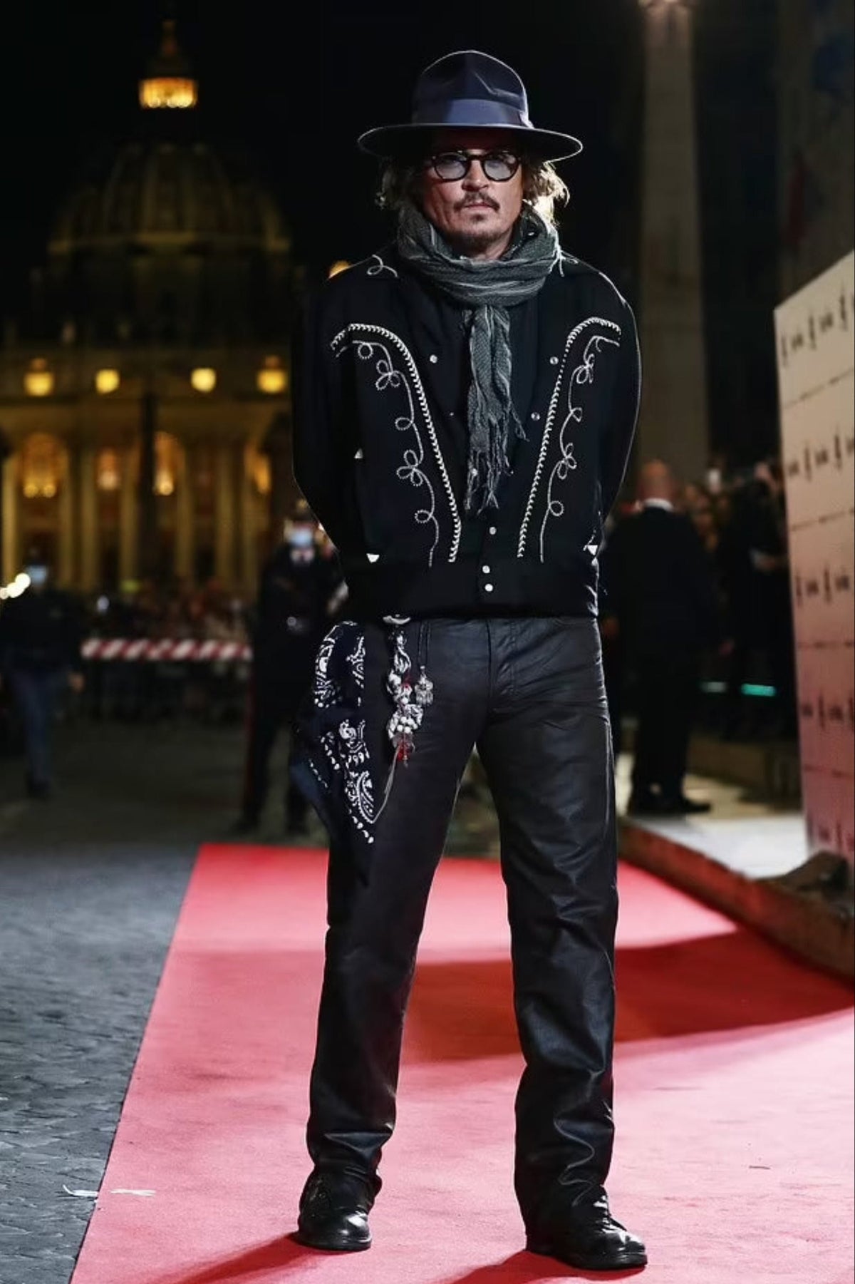 Johnny Depp on the red carpet wearing the H Bar C Bolero black and white embroidered western jacket.