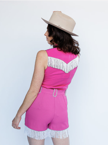 Back view of the H Bar C Marfa pink fringe shorts and Tulsa pink fringe top.