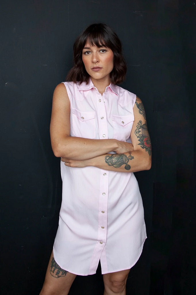 Front view of the H Bar C Palm Beach pink sleeveless snap front dress.