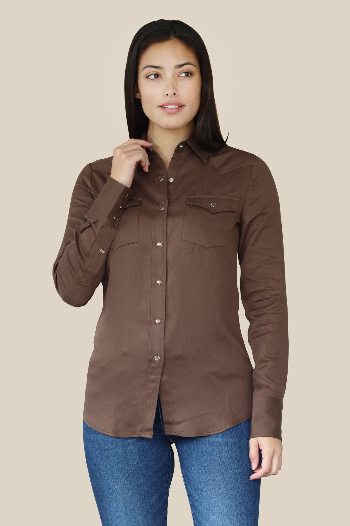 Front view of the H Bar C Denver women's chocolate western shirt with jeans.