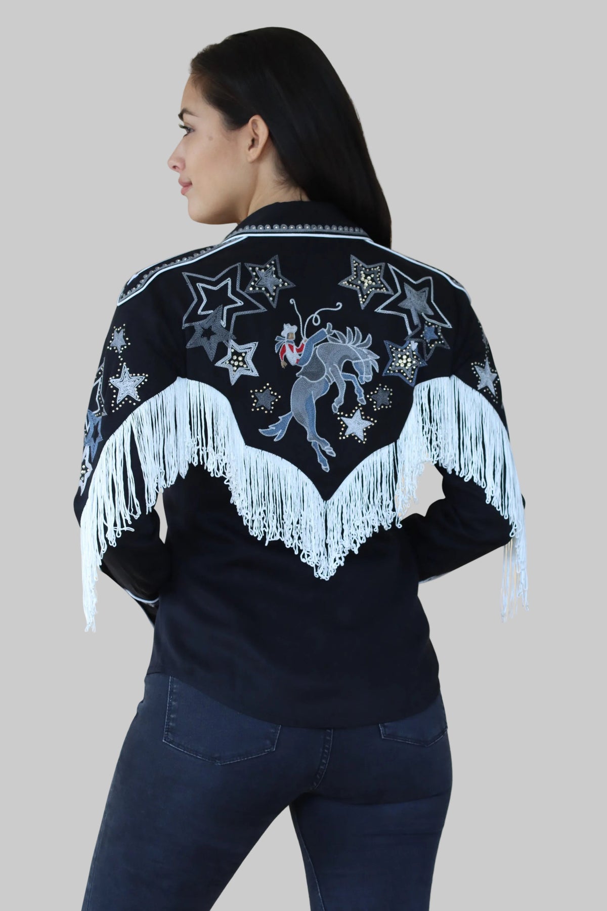 Back view of the H Bar C Las Vegas black western shirt with white fringe and star embroidery on the yoke.