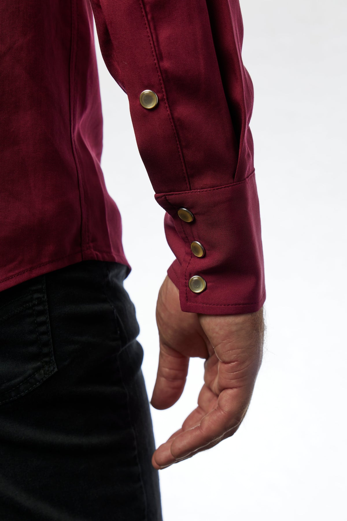 Snap cuff detail of the H Bar C Kansas City wine Tencel western shirt.