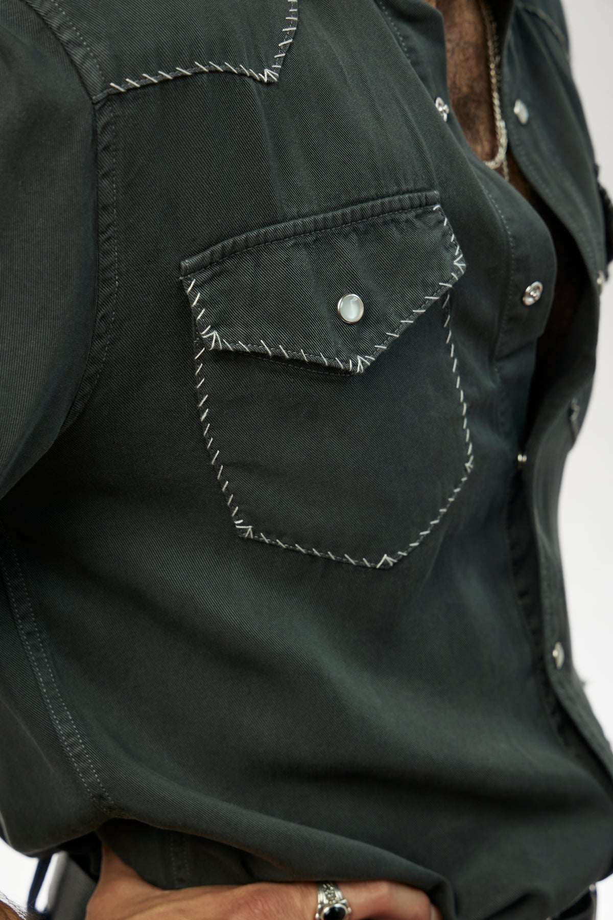 Close-up of the white stitched flap pocket and snaps on the H Bar C Brooklyn men's black western shirt.