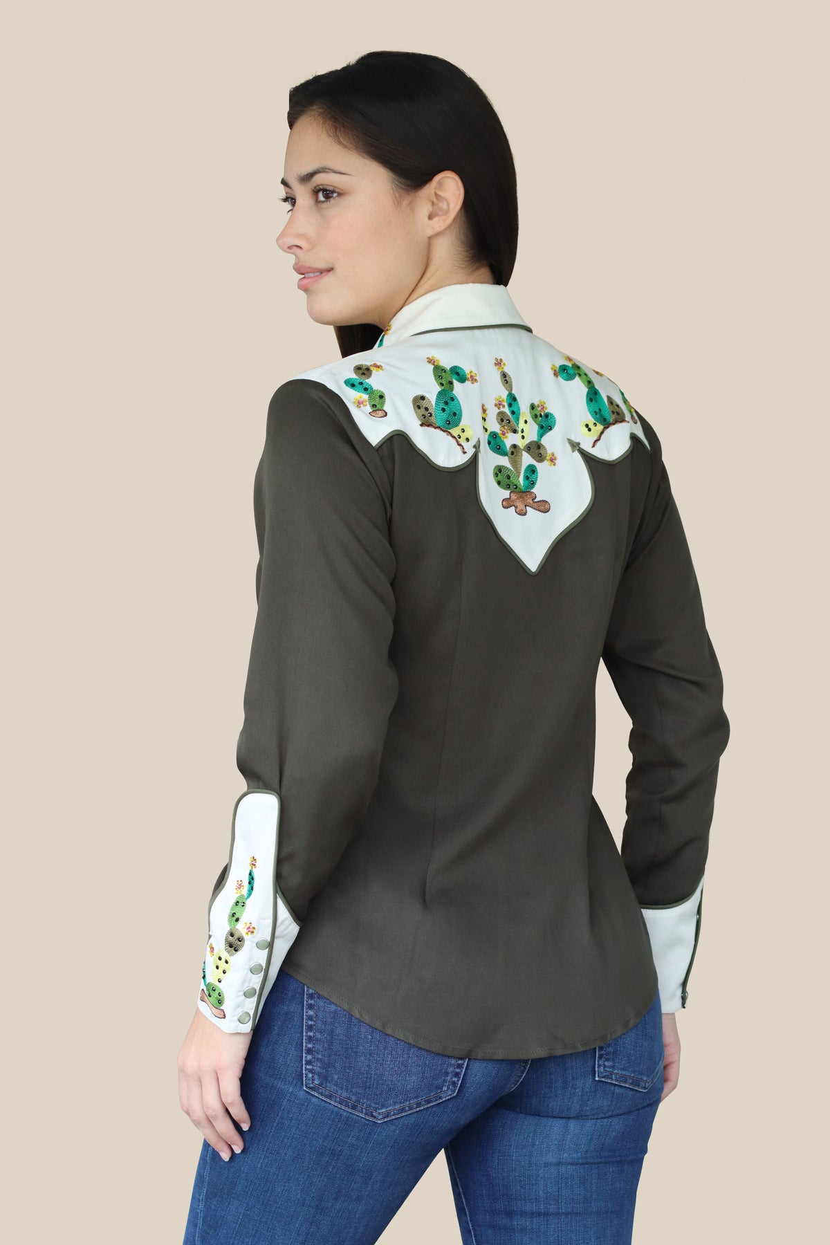 Back view of the H Bar C San Jose women's green shirt with cream cactus embroidered yoke.