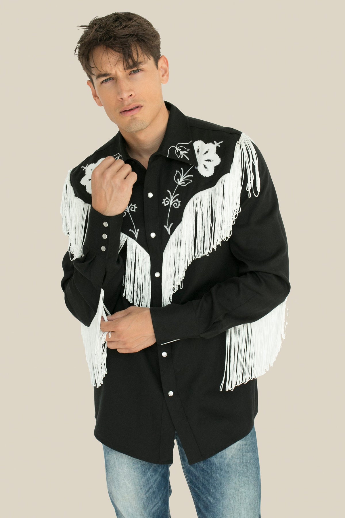 Front view of the H Bar C Taos men's black and white fringe shirt with embroidered yokes, the shirt worn by Ken in Barbie.